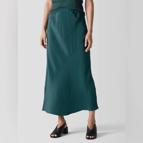Eileen Fisher Silk Double Crepe Bias Maxi Skirt In Pine NEW - Picture 2 of 5